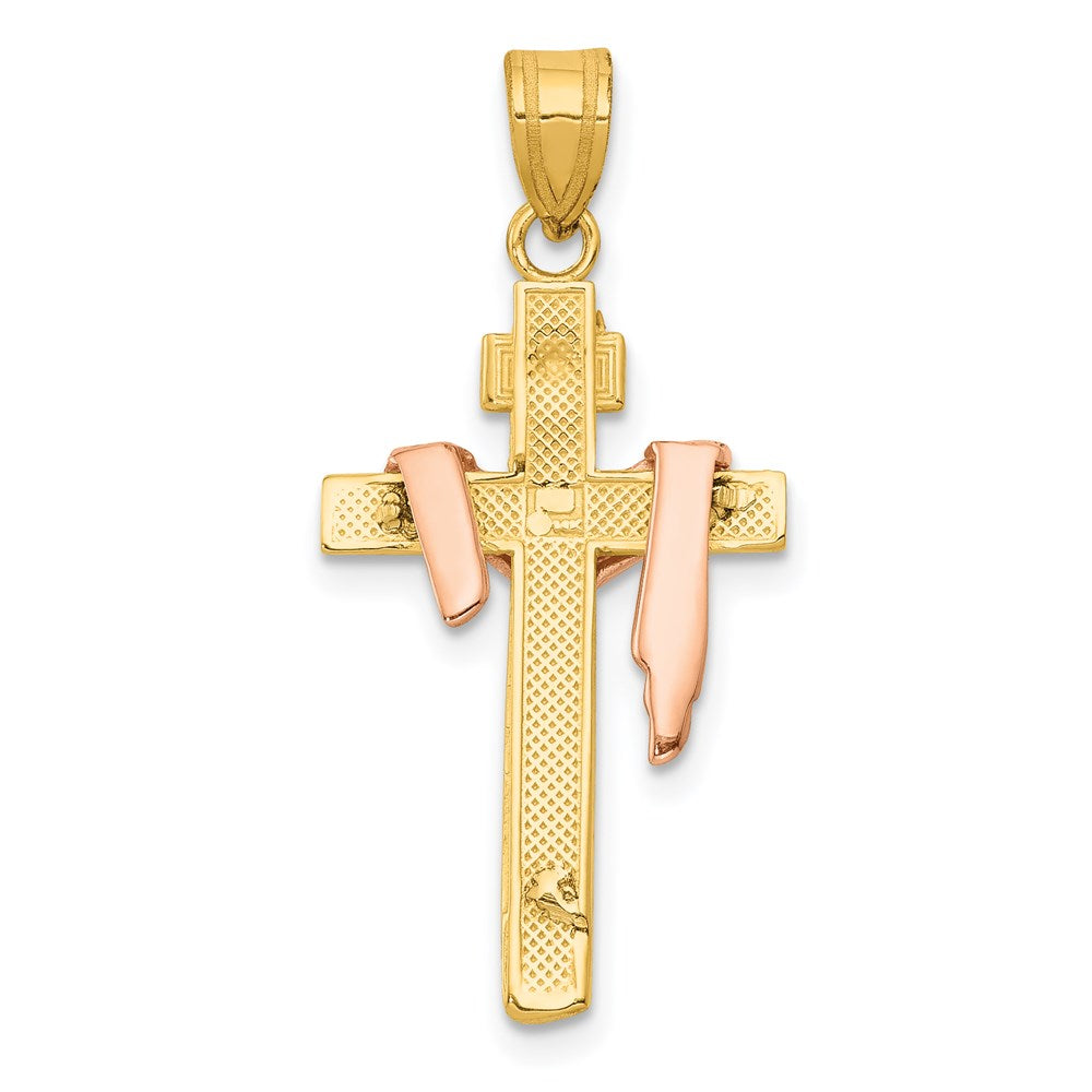 Million Charms 14K Yellow Gold Themed Tri-Color Diamond-Cut Small Draped Inri Relgious Crucifix Pendant