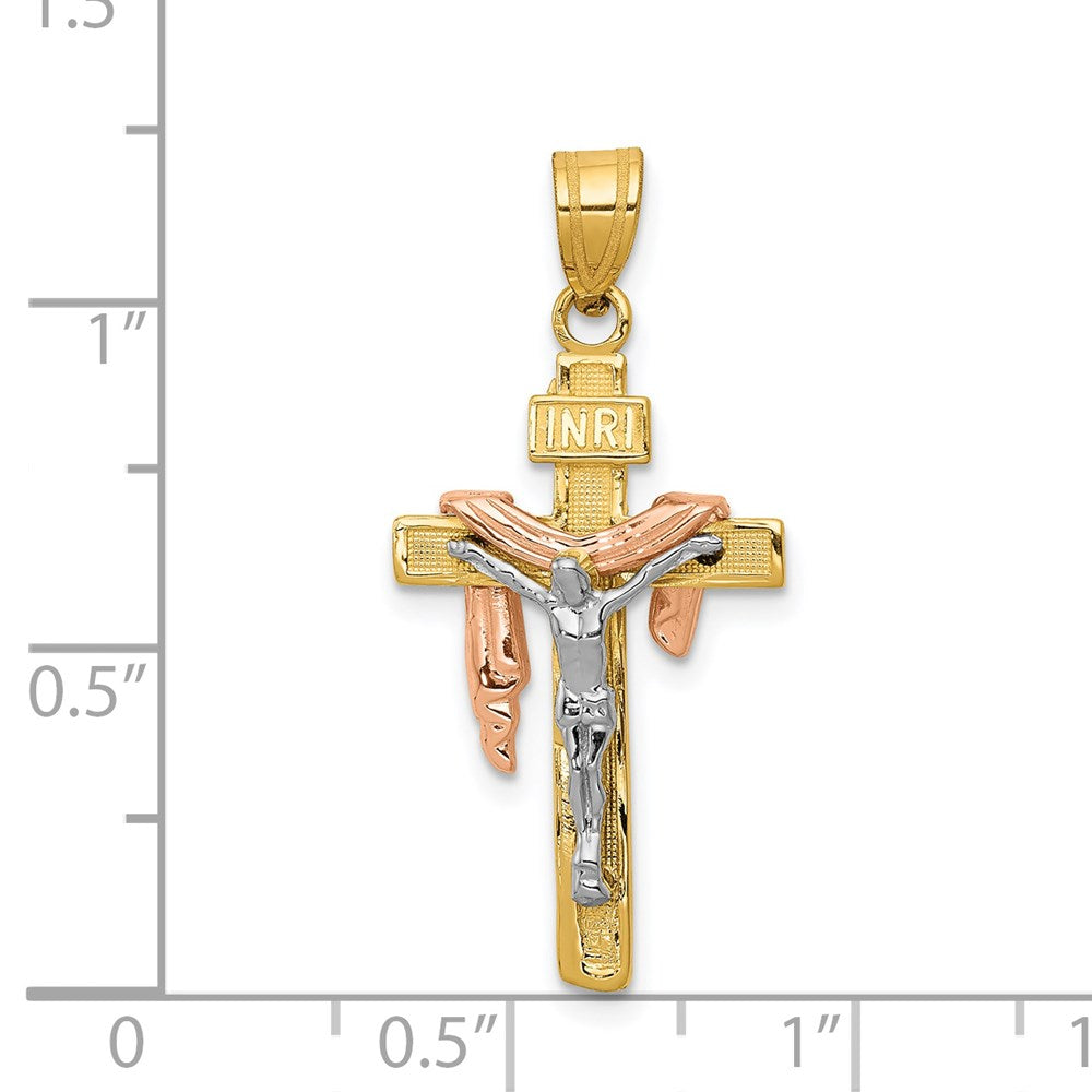 Million Charms 14K Yellow Gold Themed Tri-Color Diamond-Cut Small Draped Inri Relgious Crucifix Pendant