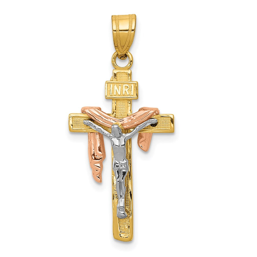 Million Charms 14K Yellow Gold Themed Tri-Color Diamond-Cut Small Draped Inri Relgious Crucifix Pendant