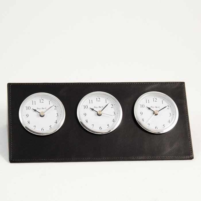 Occasion Gallery Black Color Black Leather Triple Time Zone Quartz Clock with Chrome Accents and 3 Engraving Plates. 9.25 L x 3.5 W x 2.65 H in.