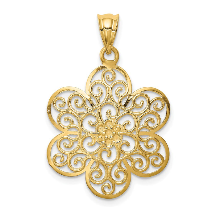 Million Charms 14K Yellow Gold Themed With Rhodium-plated Polished & Diamond-Cut Flower Pendant