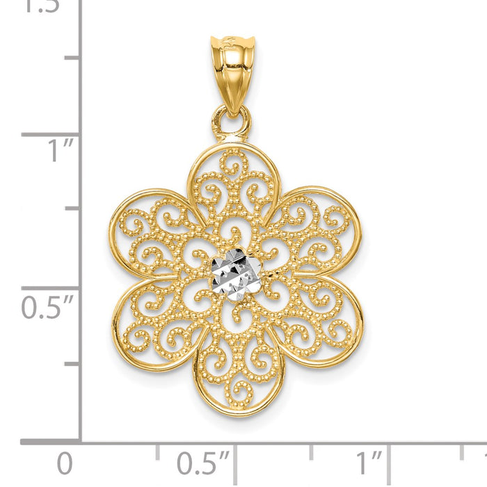 Million Charms 14K Yellow Gold Themed With Rhodium-plated Polished & Diamond-Cut Flower Pendant