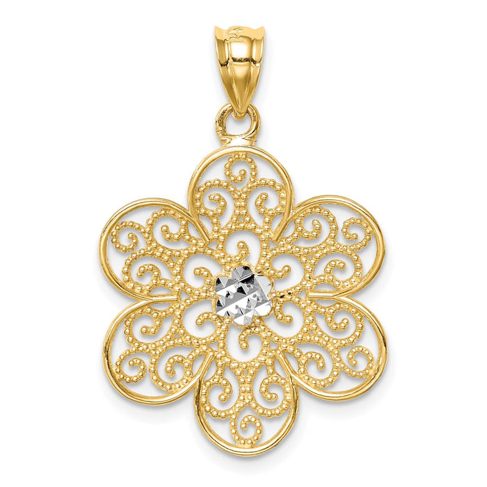 Million Charms 14K Yellow Gold Themed With Rhodium-plated Polished & Diamond-Cut Flower Pendant