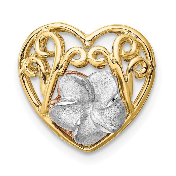 Million Charms 14K Tri-Color Brushed & Polished Diamond-Cut Plumeria Heart Chain Slide