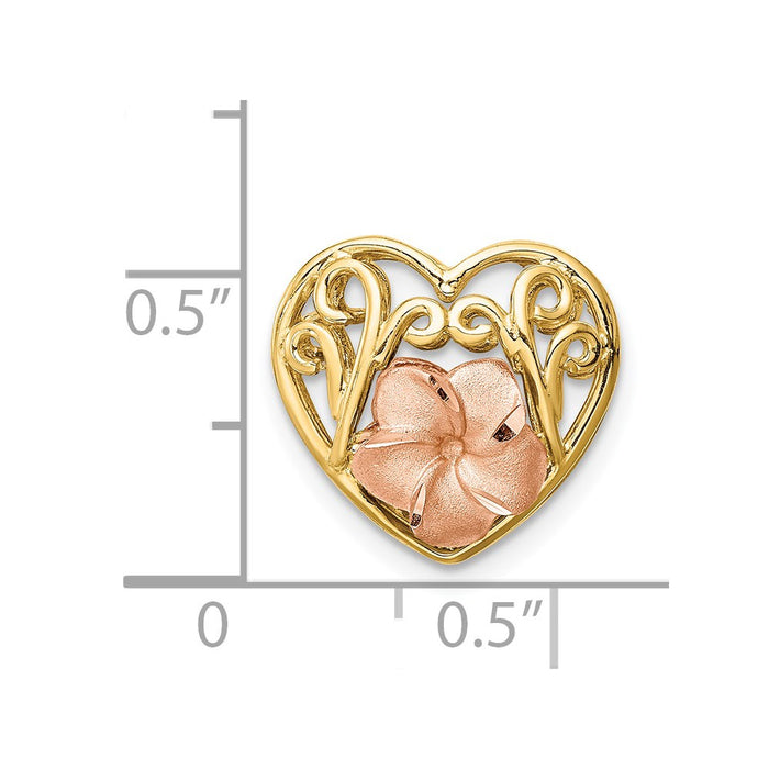 Million Charms 14K Tri-Color Brushed & Polished Diamond-Cut Plumeria Heart Chain Slide