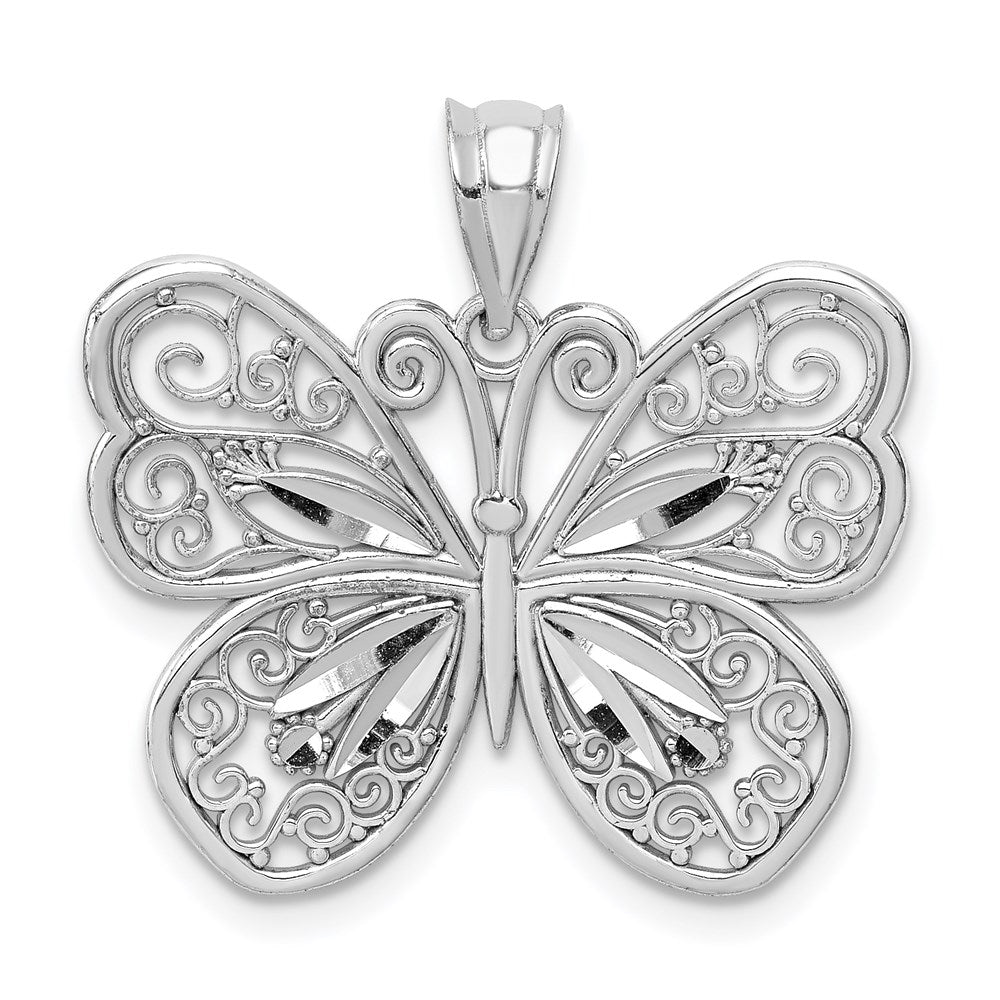 Million Charms 14K White Polished & Diamond-Cut Butterfly Pendant