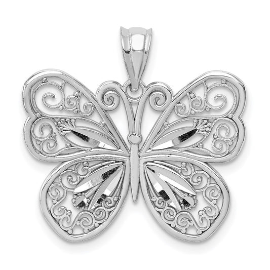 Million Charms 14K White Polished & Diamond-Cut Butterfly Pendant