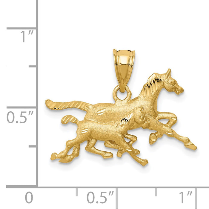 Million Charms 14K Yellow Gold Themed Brushed & Diamond-Cut Running Horses Pendant