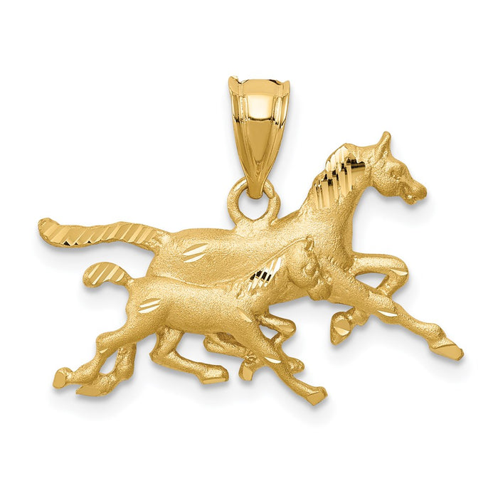 Million Charms 14K Yellow Gold Themed Brushed & Diamond-Cut Running Horses Pendant