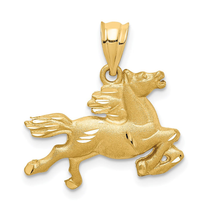 Million Charms 14K Yellow Gold Themed Brushed & Diamond-Cut Horse Pendant