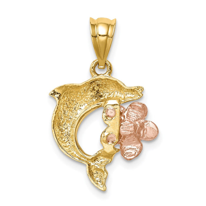 Million Charms 14K Two-Tone Brushed & Polished Diamond-Cut Plumeria & Dolphin Pendant