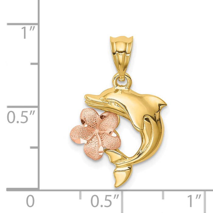 Million Charms 14K Two-Tone Brushed & Polished Diamond-Cut Plumeria & Dolphin Pendant