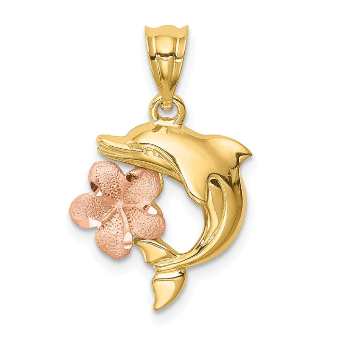 Million Charms 14K Two-Tone Brushed & Polished Diamond-Cut Plumeria & Dolphin Pendant