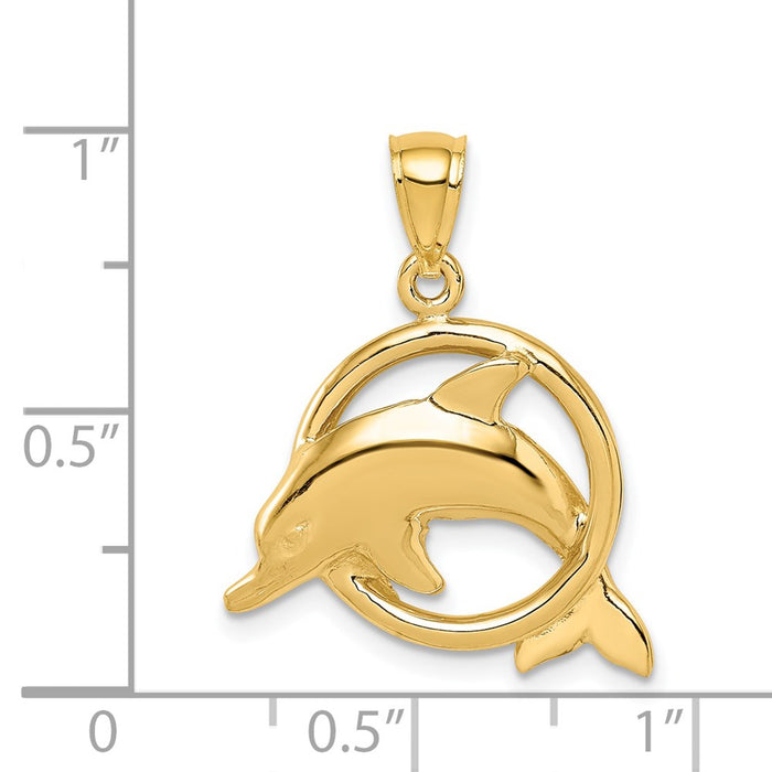 Million Charms 14K Yellow Gold Themed Polished Dolphin In Ring Pendant