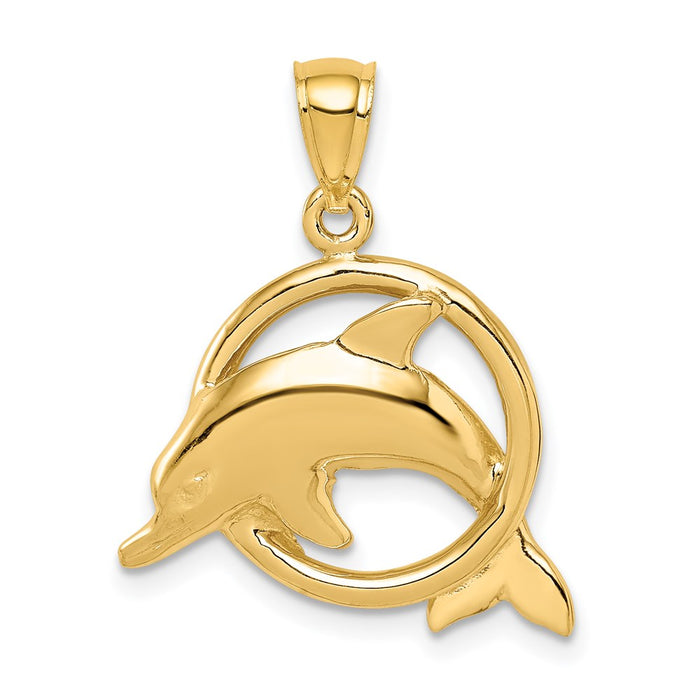 Million Charms 14K Yellow Gold Themed Polished Dolphin In Ring Pendant