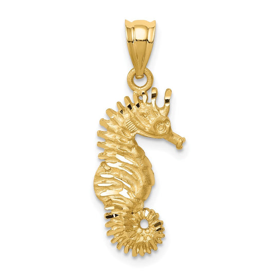 Million Charms 14K Yellow Gold Themed Brushed & Diamond-Cut Nautical Seahorse Pendant
