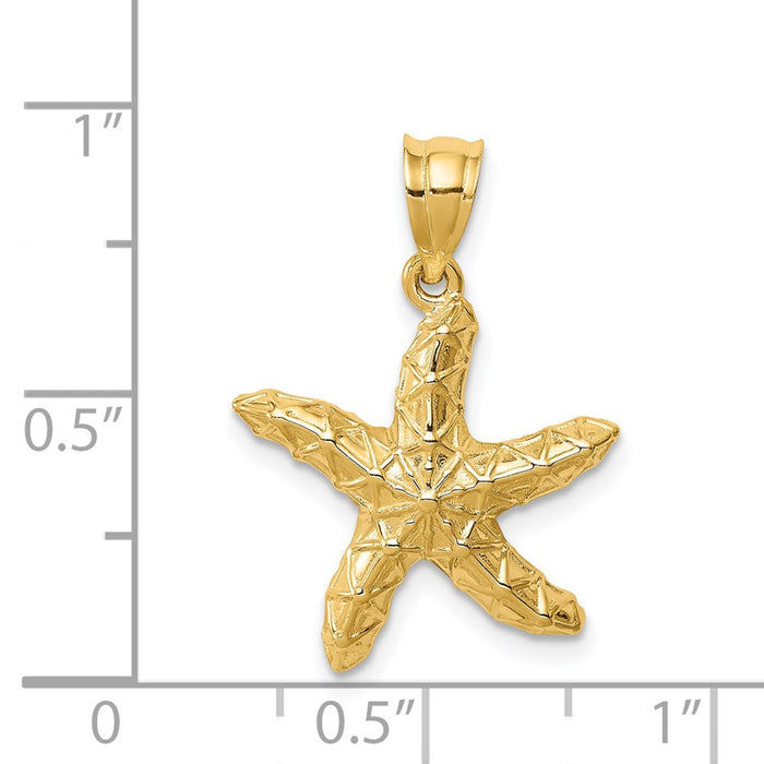 Million Charms 14K Yellow Gold Themed Polished & Textured Nautical Starfish Pendant