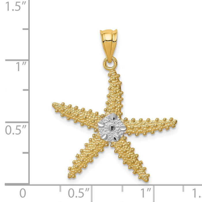 Million Charms 14K Yellow Gold Themed With Rhodium-plated Polished & Textured Diamond-Cut Nautical Starfish Pendant