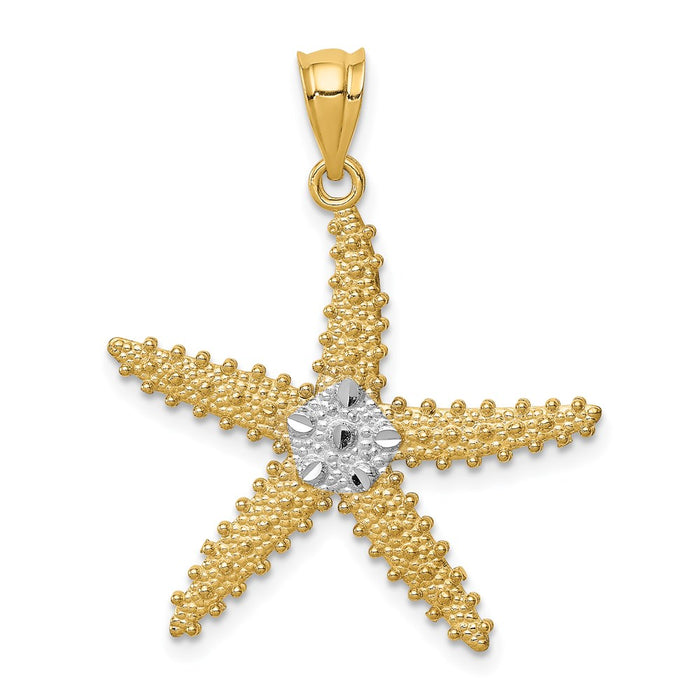 Million Charms 14K Yellow Gold Themed With Rhodium-plated Polished & Textured Diamond-Cut Nautical Starfish Pendant