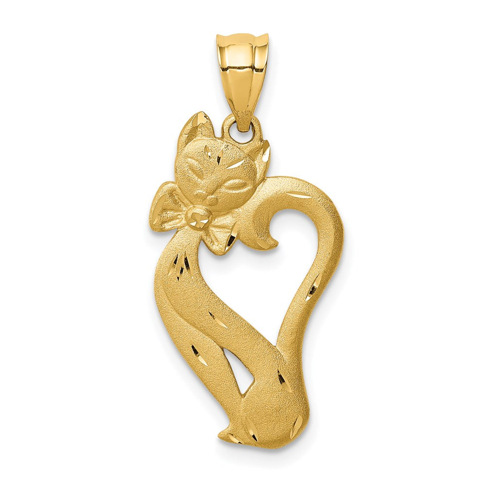 Million Charms 14K Yellow Gold Themed Brushed & Diamond-Cut Cat Pendant