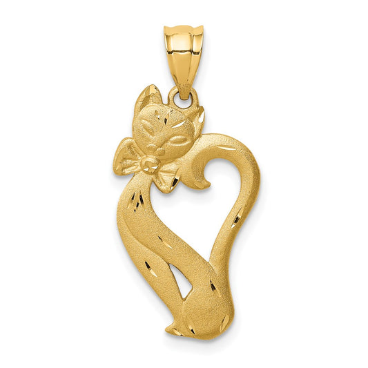 Million Charms 14K Yellow Gold Themed Brushed & Diamond-Cut Cat Pendant