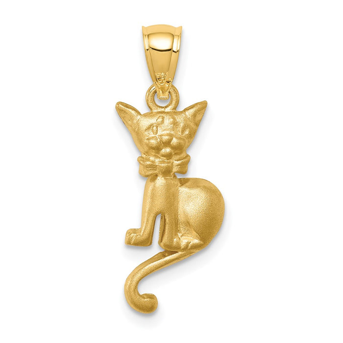 Million Charms 14K Yellow Gold Themed Brushed Cat With Bow Tie Pendant