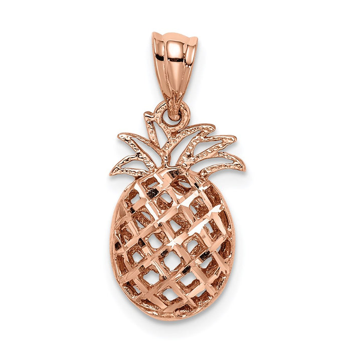 Million Charms 14K Rose Gold Themed Polished & Diamond-Cut 3D Pineapple Pendant