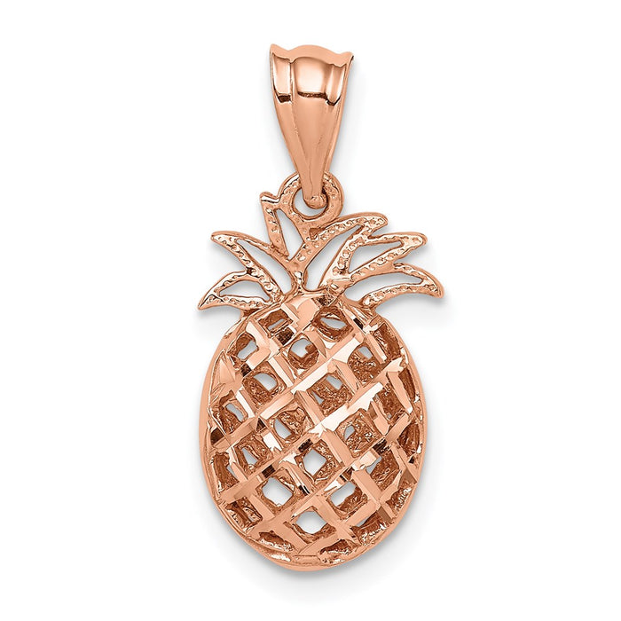 Million Charms 14K Rose Gold Themed Polished & Diamond-Cut 3D Pineapple Pendant