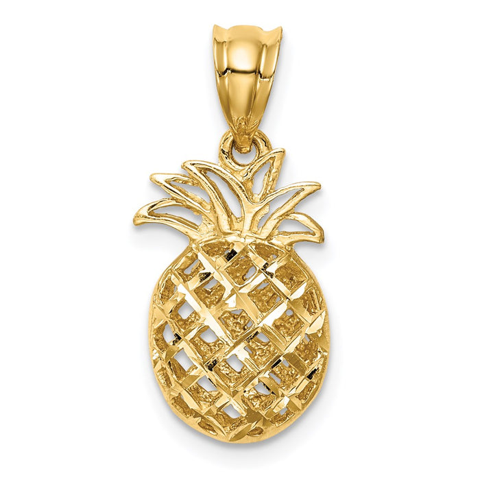 Million Charms 14K Yellow Gold Themed Polished & Diamond-Cut 3D Pineapple Pendant