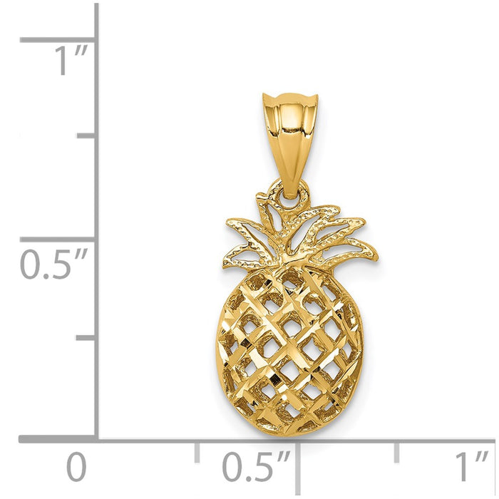 Million Charms 14K Yellow Gold Themed Polished & Diamond-Cut 3D Pineapple Pendant