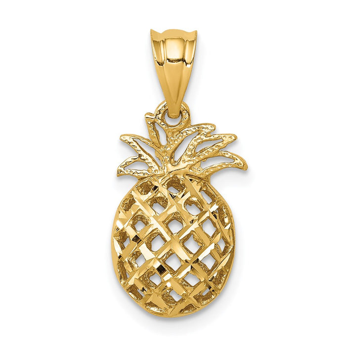 Million Charms 14K Yellow Gold Themed Polished & Diamond-Cut 3D Pineapple Pendant