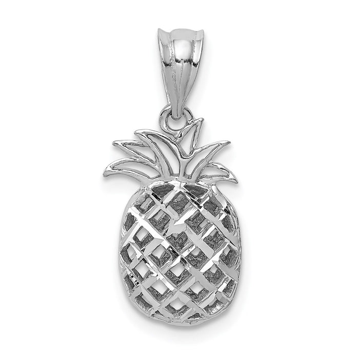 Million Charms 14K White Polished & Diamond-Cut 3D Pineapple Pendant