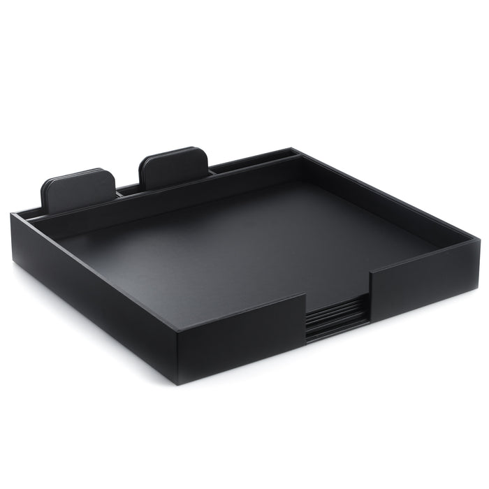 Occasion Gallery Black Color Black Leather 13 Piece Conference Desk Set with 6- 17"x14" Conference Pads, 6- 4"x4" Coasters and 1- Conference Pad & Coaster Holder. 18 L x 16.25 W x 4.25 H in.
