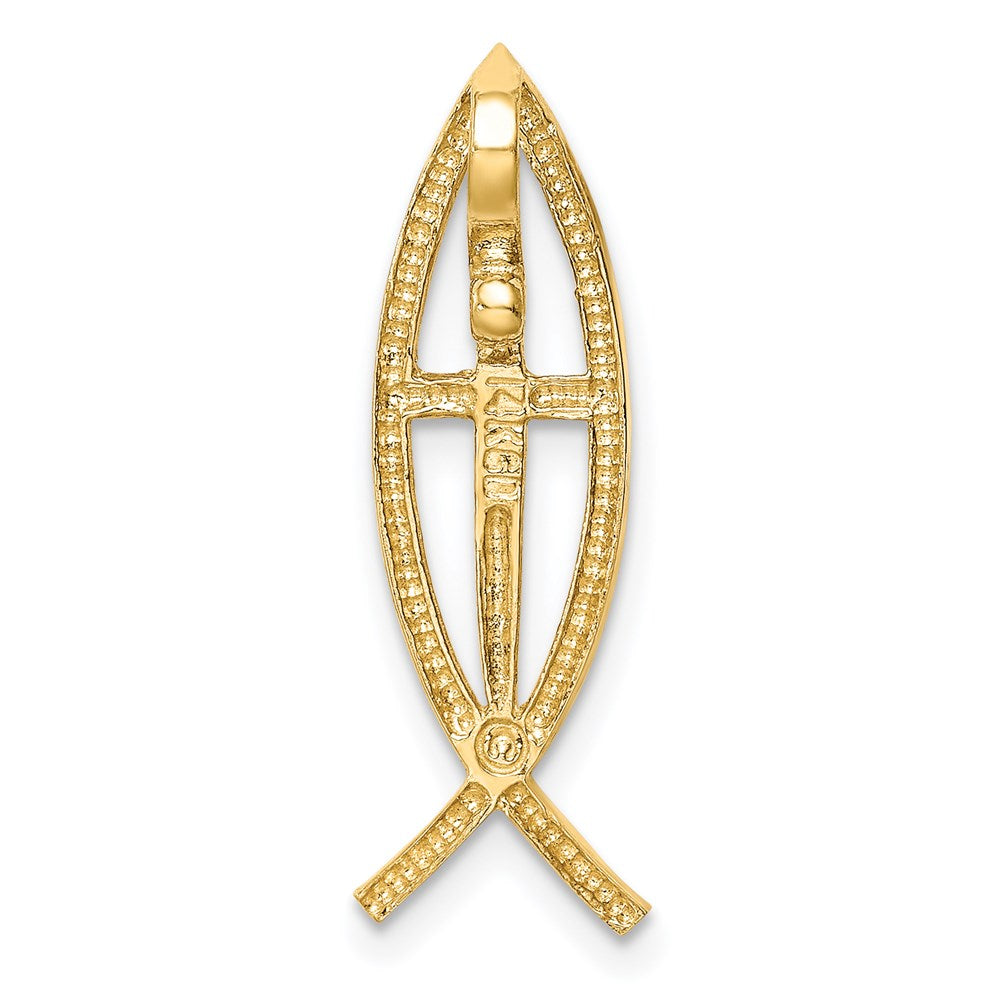 Million Charms 14K Yellow Gold Themed Polished Ithacus Relgious Cross Fish Slide