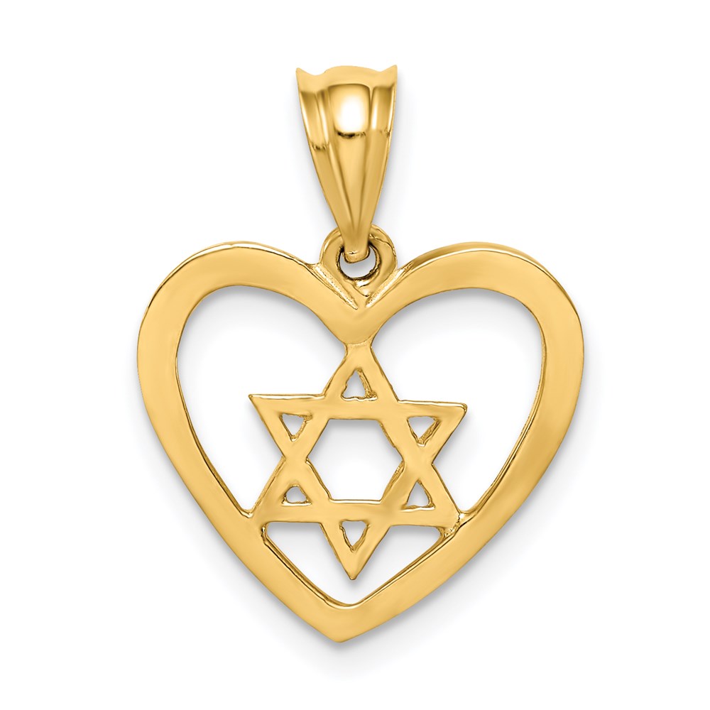 Million Charms 14K Yellow Gold Themed Polished Religious Jewish Star Of David In Heart Pendant