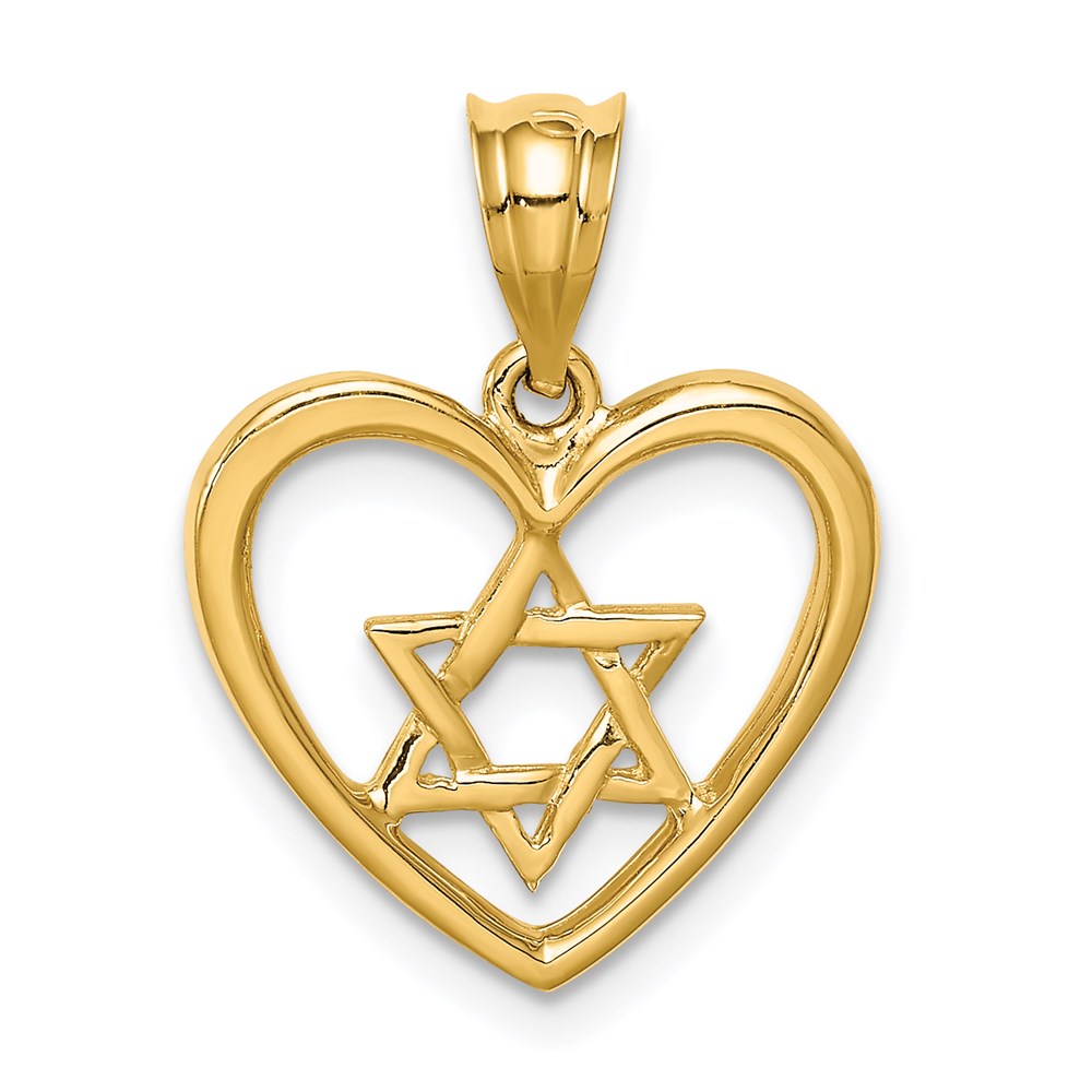 Million Charms 14K Yellow Gold Themed Polished Religious Jewish Star Of David In Heart Pendant