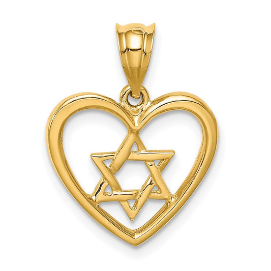 Million Charms 14K Yellow Gold Themed Polished Religious Jewish Star Of David In Heart Pendant