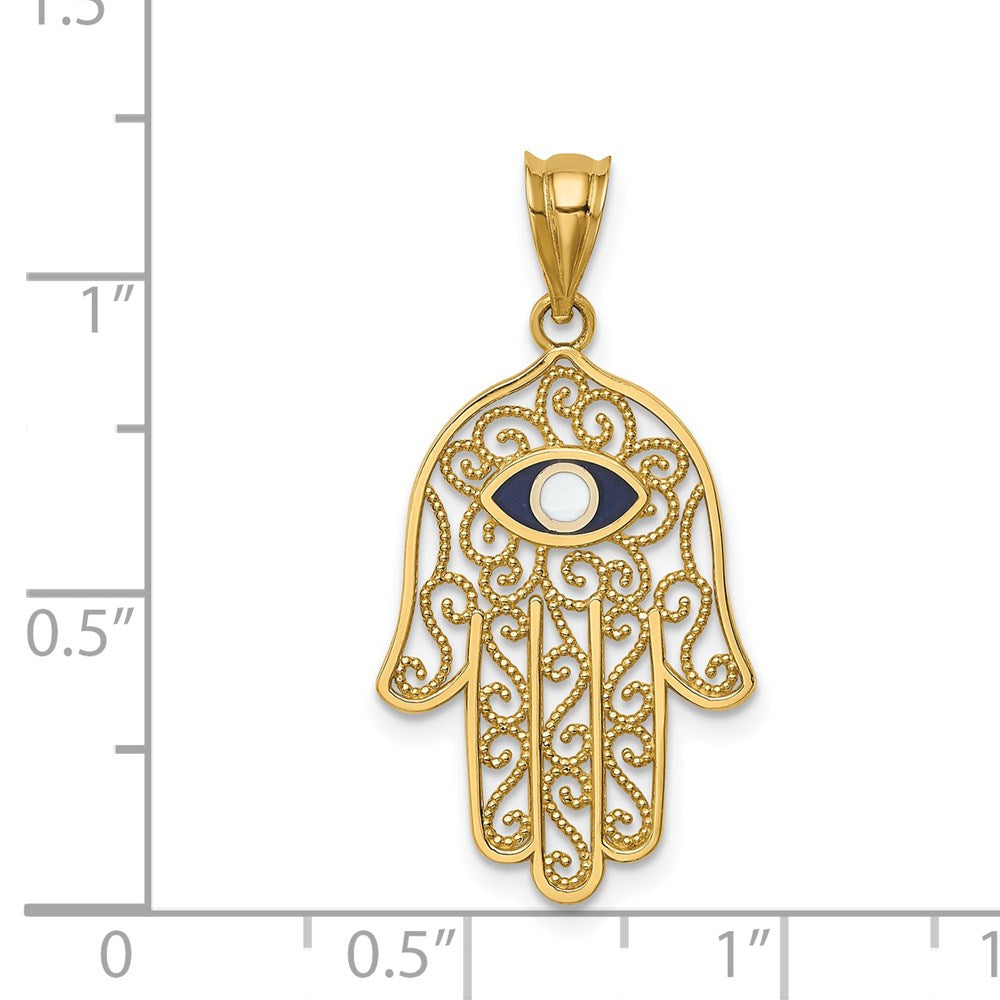 Million Charms 14K Yellow Gold Themed Polished, Enameled Hamsa Pendant