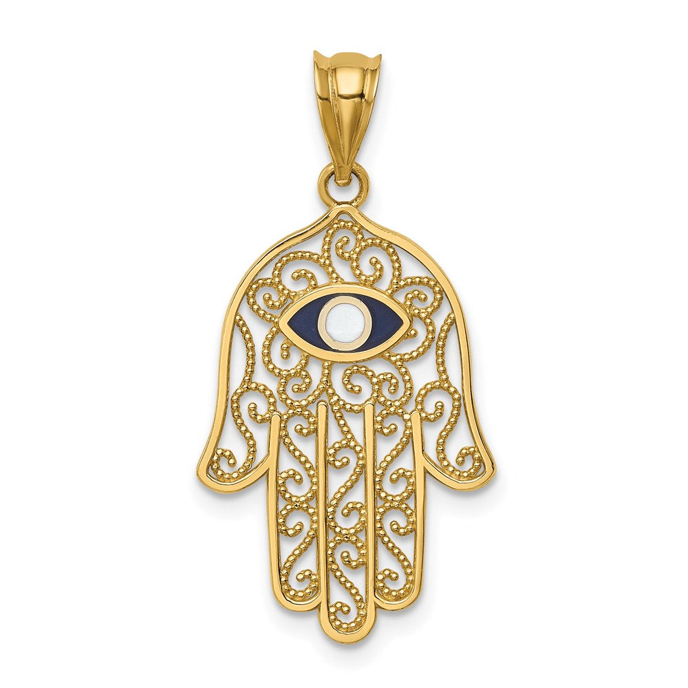 Million Charms 14K Yellow Gold Themed Polished, Enameled Hamsa Pendant