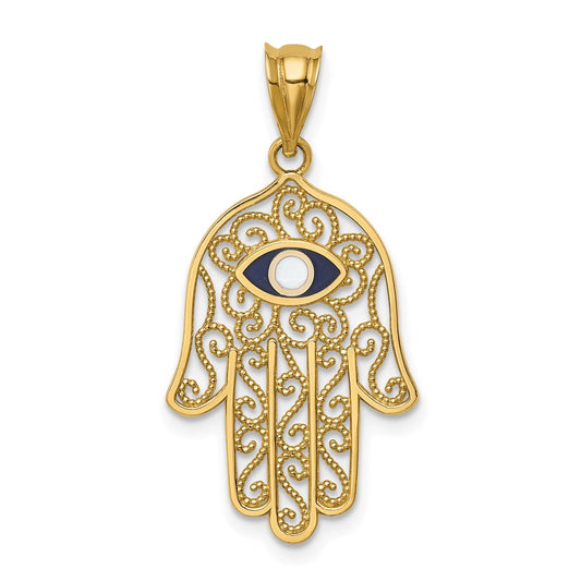 Million Charms 14K Yellow Gold Themed Polished, Enameled Hamsa Pendant