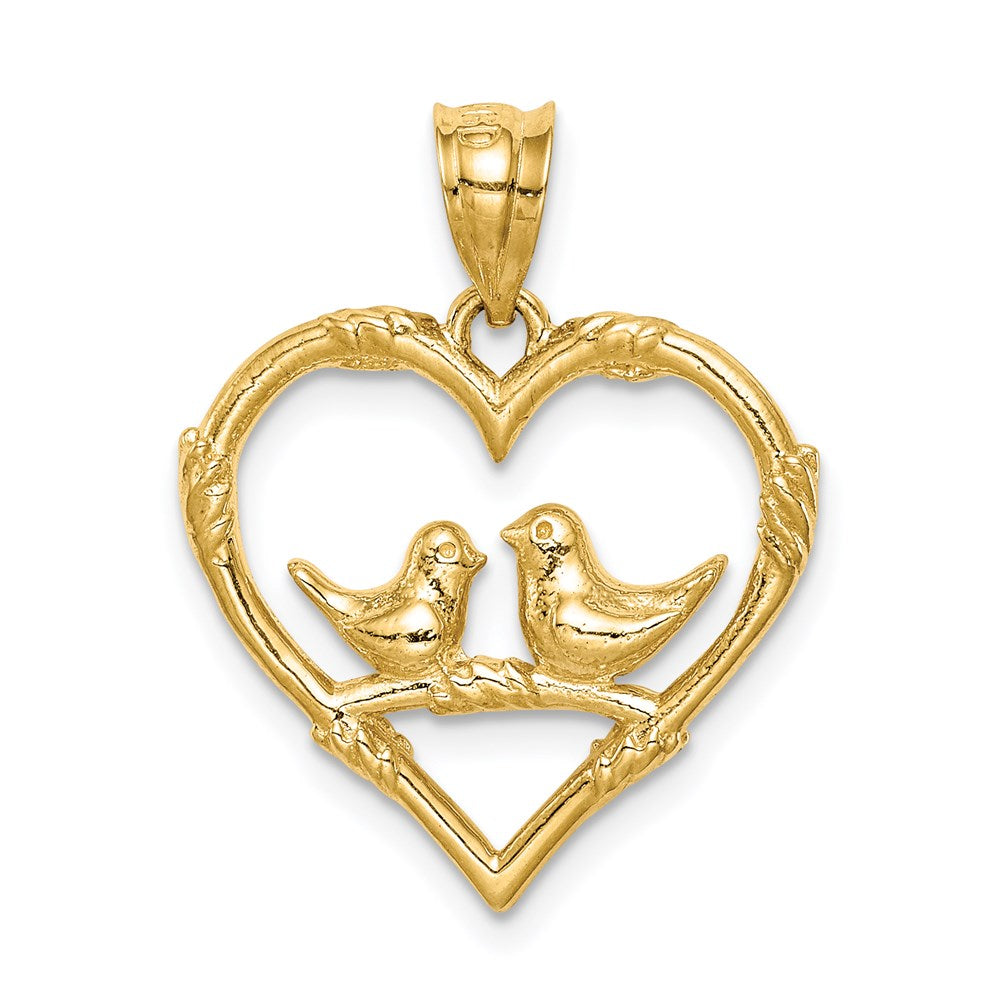 Million Charms 14K Yellow Gold Themed Polished Love Birds In Heart Pendant