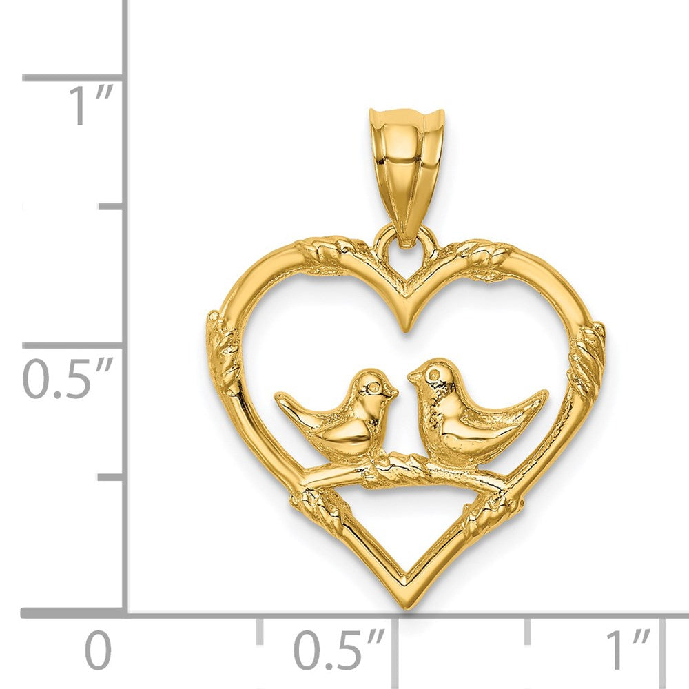 Million Charms 14K Yellow Gold Themed Polished Love Birds In Heart Pendant