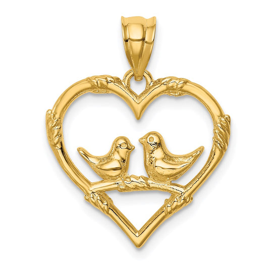 Million Charms 14K Yellow Gold Themed Polished Love Birds In Heart Pendant