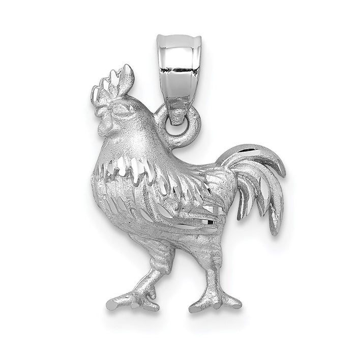 Million Charms 14K White Gold Themed Satin Diamond-Cut Rooster Pendant