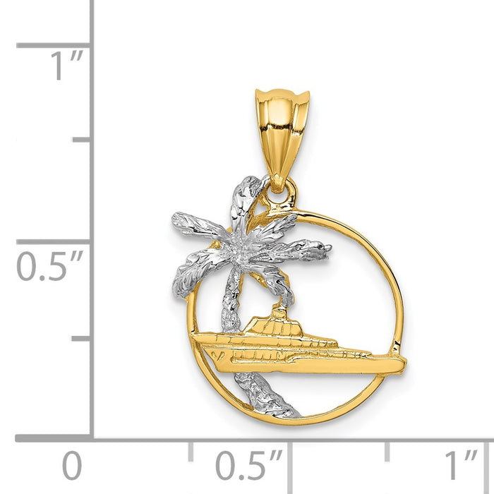 Million Charms 14K Yellow Gold Themed With Rhodium-plated Polished Palm Tree & Ship Pendant