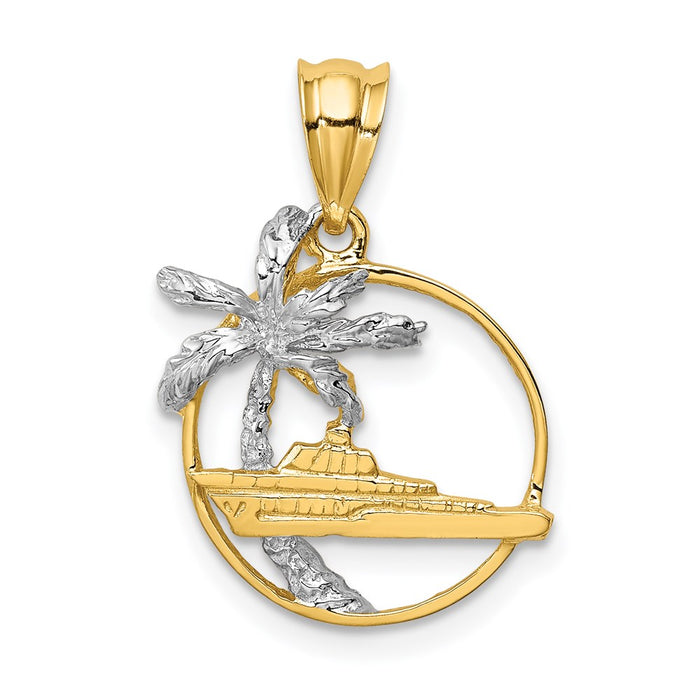 Million Charms 14K Yellow Gold Themed With Rhodium-plated Polished Palm Tree & Ship Pendant