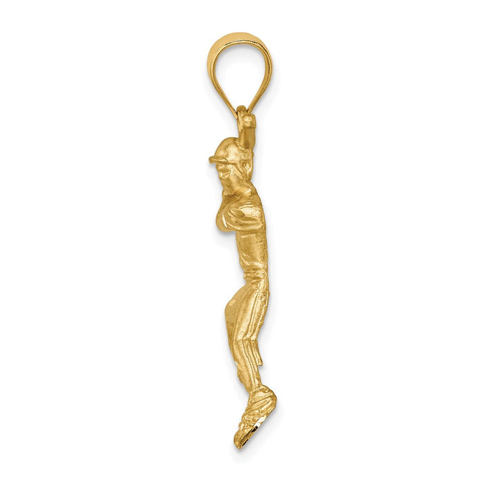 Million Charms 14K Yellow Gold Themed Brushed & Diamond-Cut Sports Baseball Player Pendant