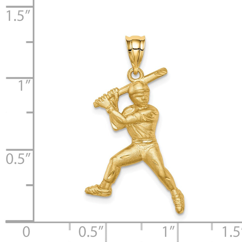 Million Charms 14K Yellow Gold Themed Brushed & Diamond-Cut Sports Baseball Player Pendant
