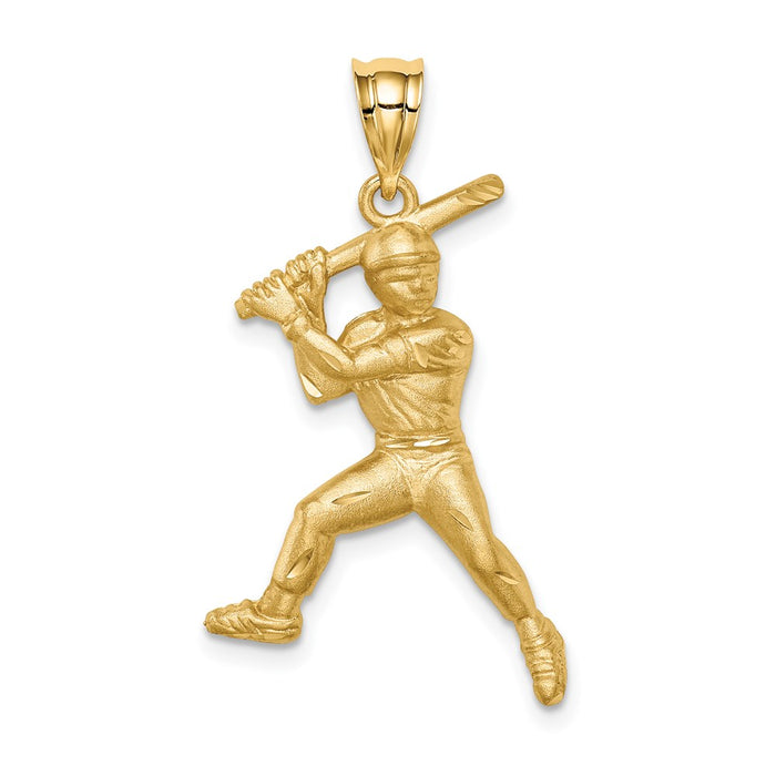 Million Charms 14K Yellow Gold Themed Brushed & Diamond-Cut Sports Baseball Player Pendant