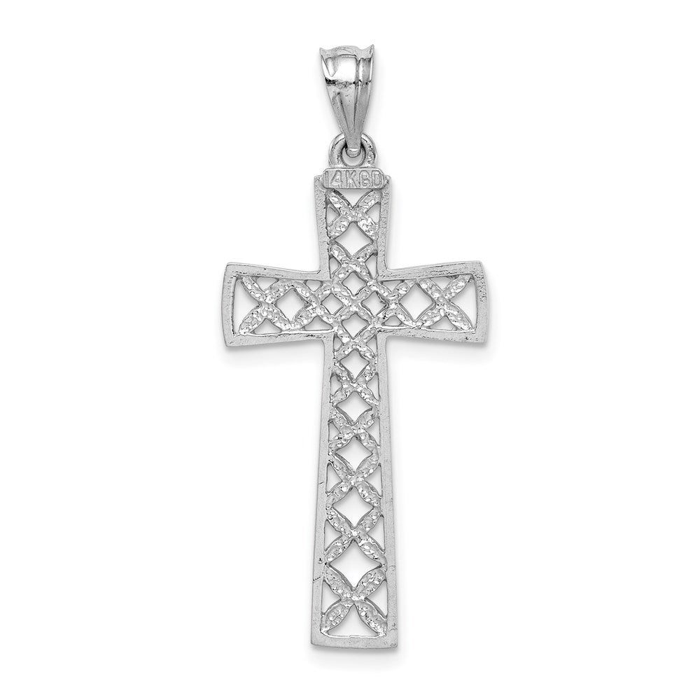Million Charms 14K White Polished & Diamond-Cut Relgious Cross Pendant